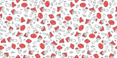 Pattern seamless abstract fly agaric. Set of fly mushrooms and leaves. Repeating background. Hand drawn icons, doodles. vector