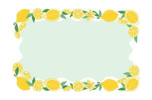 Lemons, leaves, flowers. Frame, fruits, citrus. Summer background with space for text. Color flat illustration. Isolated white background. vector