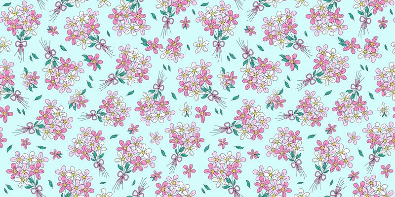 Bouquet, flowers, seamless pattern. Gift for holiday, birthday, wedding. Line drawing, doodle. Simple meadow flower, repeating background.