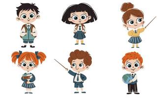 Set of flat illustrations on school theme in simple child style. Cute boys and girls in school uniform with books, backpack and globe vector