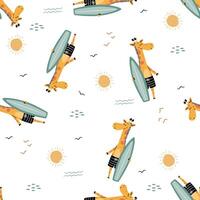 Seamless pattern. Cute giraffe in swimming trunks holding surfboard, summer elements on white background vector