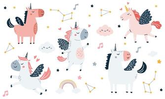A set of flat illustrations in a simple children's style. Cute unicorns with wings, stars, clouds, constellations, notes vector
