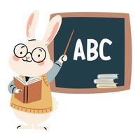 Cute bunny teacher standing next to blackboard and pointing to letters with pointer. Flat illustration in simple child style on white background vector