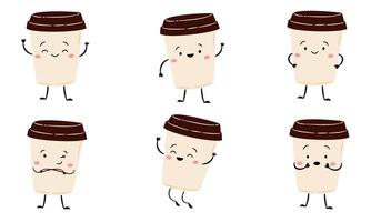 A set of flat illustrations in a simple children's style. Cute coffee cups with different emotions on white background vector