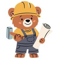 Flat illustration in a simple children's style. Cute builder bear with helmet and blueprints on white background vector