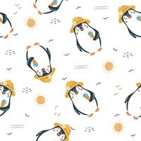 Seamless pattern. Cute penguin with straw hat holding ice cream cone, summer elements on white background vector