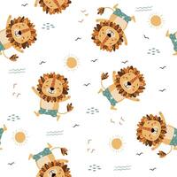 Seamless pattern. Cute happy lion in swimming trunks, summer elements on white background vector