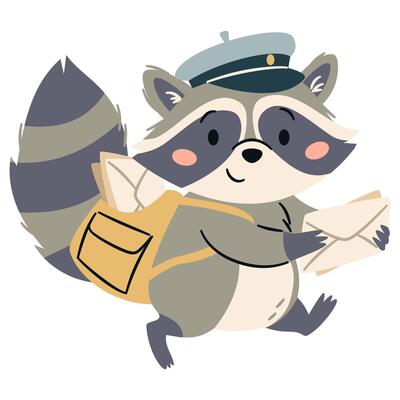 Cute mailman raccoon carrying letters. Flat illustration in simple children's style on white background