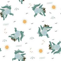 Seamless pattern. Cute happy crocodile in swimming trunks and sun glasses, summer elements on white background vector