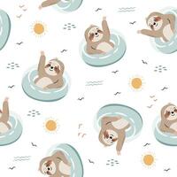 Seamless pattern. Cute sloth swimming in inflatable circle, summer elements on white background vector