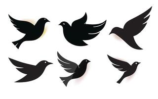 Collection of Six Black Bird Silhouettes in Different Poses on a White Background for Graphic Design and Artistic Projects and Creative Content vector