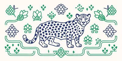 Decorative tile design featuring a blue leopard surrounded by grapes and leaves in seamless pattern vector