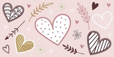 Seamless hand-drawn heart pattern with cute doodles on pink background for romantic and valentine design vector