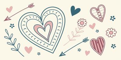 Soft pastel colored romantic heart pattern with whimsical flowers and hand drawn artistic style vector