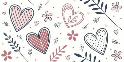 Seamless hand drawn heart pattern with floral and botanical elements in soft romantic colors vector