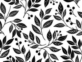 Black and white seamless foliage pattern with dense leaves and berries in botanical natural layout vector