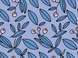 Minimal seamless botanical pattern with dark blue leaves and berries on purple background texture vector
