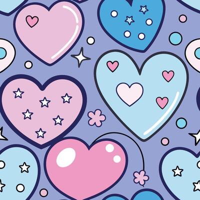 Romantic seamless heart pattern with blue and pink hearts, stars and flowers on purple background