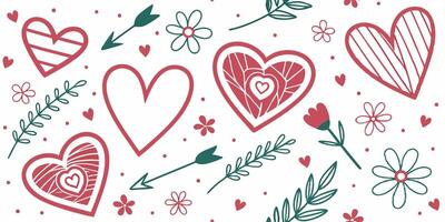 Romantic seamless heart pattern with floral elements and doodle style in red and teal colors vector