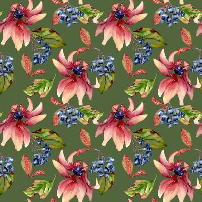 Pink coneflower and black chokeberry colorful watercolor seamless pattern isolated. Colorful autumn leaves, blue berries and pink flowers hand drawn botanical background for textile, wrapping paper