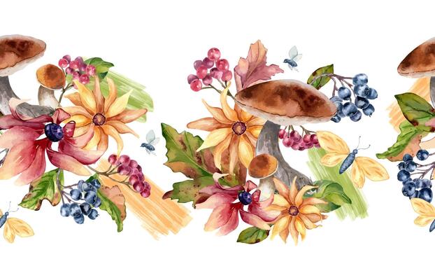 Colorful autumn seamless border with forest bolete, berries, flowers, and watercolor stroke isolated. Floral repeated texture of fall leaves and chokeberry rowan hand painted for seasonal design