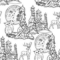 Seamless pattern with owl, deer, and snow covered tree under moon hand drawn black white outline background. Monochrome winter forest scene for rustic Christmas prints and seasonal designs. vector