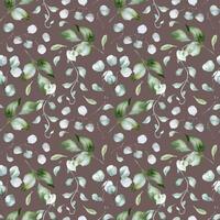 Greenery plant and holly branches delicate watercolor seamless pattern isolated. Foliage texture of curly vine and twigs hand drawn in dusty green. Eucalyptus seamless background for design textile vector