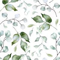 Greenery plants and holly branches delicate watercolor seamless pattern isolated. Foliage texture of curly vine and twigs hand drawn in dusty green. Eucalyptus seamless background for design textile vector