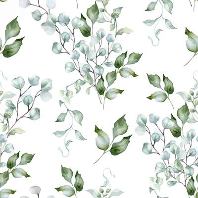 Sage green leaves and eucalyptus bouquet watercolor seamless pattern isolated. Delicate plants in soft tones on repeated texture painted. Foliage background in pastel tones hand drawn design textile