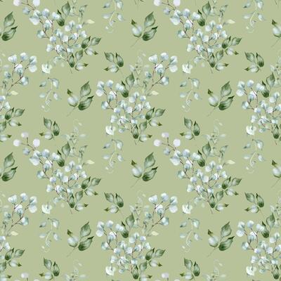 Sage green leaves eucalyptus bouquet watercolor seamless pattern isolated. Delicate plants in soft tones on repeated texture painted. Foliage background in pastel tones hand drawn design textile