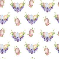 Easter floral eggs watercolor seamless pattern isolated on white. Colorful eggs and first spring flowers hand drawn. Hand painted print for Easter design in neutral color. For package, wrapping paper. vector