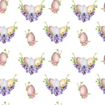 Easter floral eggs watercolor seamless pattern isolated on white. Colorful eggs and first spring flowers hand drawn. Hand painted print for Easter design in neutral color. For package, wrapping paper.