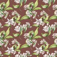 Watercolor seamless pattern of jasmine bunch, buds, leaves isolated. Botanical repeated texture of white flowers hand drawn soft colors. Floral foliage background for design textile, package, paper vector