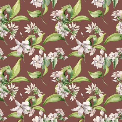 Watercolor seamless pattern of jasmine bunch, buds, leaves isolated. Botanical repeated texture of white flowers hand drawn soft colors. Floral foliage background for design textile, package, paper