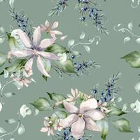 Watercolor seamless pattern of jasmine pink flowers and juniper branch isolated. Botanical winter repeated texture in soft tones hand drawn. Blooms and coniferous painted for Christmas background vector