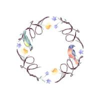 Romantic circle frame of shaped heart by twig in watercolor painted isolated. Delicate wreath of branches, simple flowers and birds hand drawn. Elements for natural designs, Valentine, rustic wedding vector