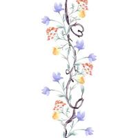 Vertical seamless border of tree branches with floral elements watercolor isolated. Twigs on repeated pattern with delicate blue red blooms hand drawn. Nature design of simple botanical art for cards. vector