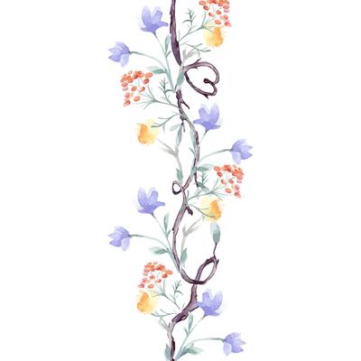 Vertical seamless border of tree branches with floral elements watercolor isolated. Twigs on repeated pattern with delicate blue red blooms hand drawn. Nature design of simple botanical art for cards.