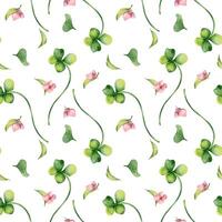 Shamrock and little pink flower watercolor illustration on seamless pattern isolated. Floral design with green four lucky leaves on repeated background. Clover hand drawn in botanical sketch art vector