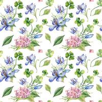 Clover, pink hydrangea and crocus watercolor seamless pattern isolated. Spring meadow flowers illustration hand drawn by repeated background. Floral art print for design package, home decor, textile vector