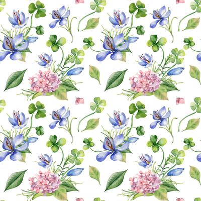 Clover, pink hydrangea and crocus watercolor seamless pattern isolated. Spring meadow flowers illustration hand drawn by repeated background. Floral art print for design package, home decor, textile