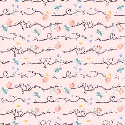 Watercolor seamless pattern with horizontal tree branches and floral elements isolated. Twigs on repeated background with delicate blue pink butterflies hand drawn. Simple botanical design wallpaper