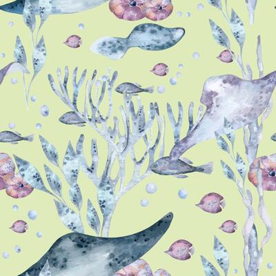 Sea animals stingray, fish swimming in seaweeds and corals blue soft colors for marine design background. Ocean creatures watercolor seamless pattern isolated. Sea world botanical texture and ray fish