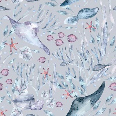 Underwater seamless pattern of deep ocean life, stingrays, starfish, and seaweed in soft pastel colors. Aquatic creatures, plants watercolor texture isolated design for marine packaging, home textile