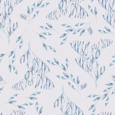 Watercolor Mediterranean monochrome blue seamless pattern isolated. Ocean plants and corals pale blue pattern design. Reefs and laminaria hand drawn texture. Underwater sea plants repeated ornament