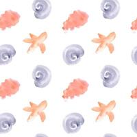 Underwater watercolor pattern of abstract sea elements shells, starfish and snails isolated. Sea watercolor background hand drawn. Pinks, purples, blues, and oranges in marine life for textile. vector