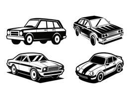 Four different types of cars are shown in black and white vector