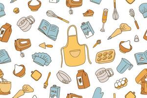 Seamless pattern of baking accessories hand drawn. Set of kitchen utensils in doodle style on white background. Bright modern background for your design. vector