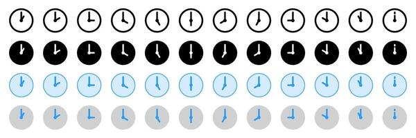 Clock icon collection for time interface design, displaying 12-hour time in four styles including outline, solid, line-filled, and flat color for digital UI, infographics, and scheduling apps vector