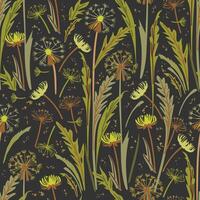 seamless floral pattern with dandelion flowers and leaves on dark background vector